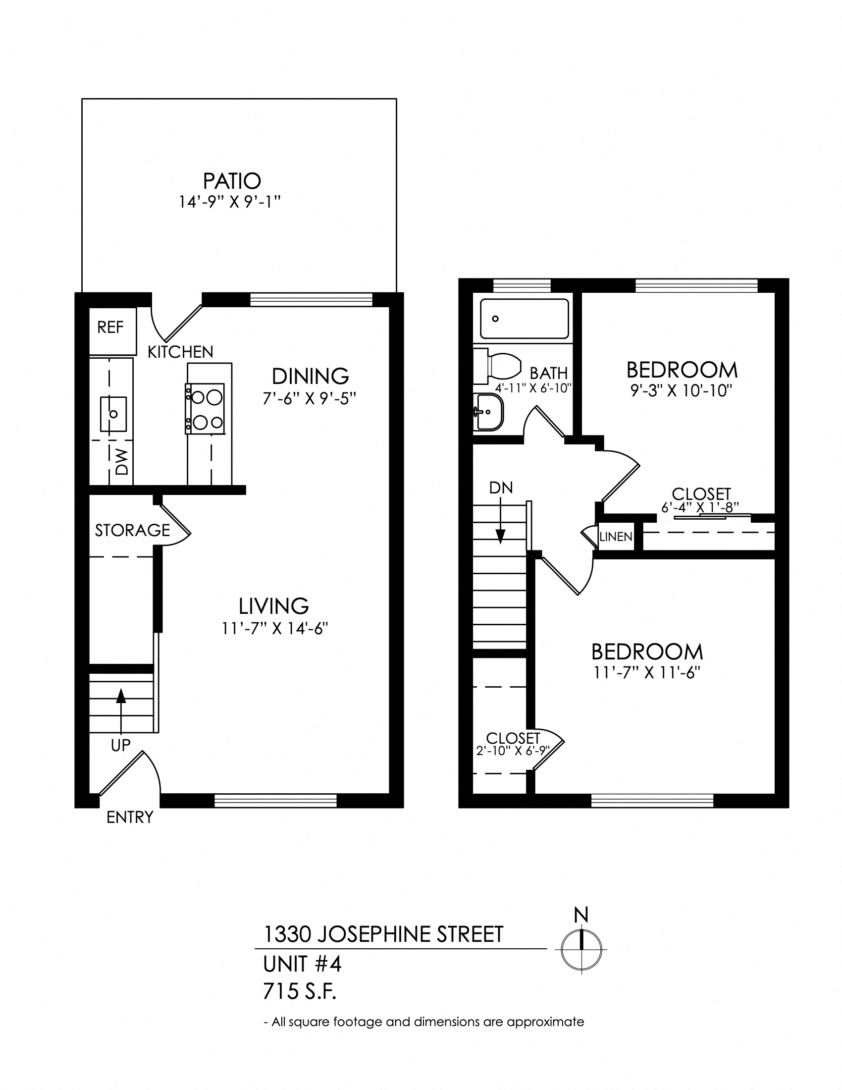 Floor plan for 2 beds, 1 bath, 715 sqft